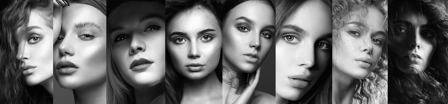 Schwarz-weiß-Porträtcollage mit verschiedenen Make-up-Stilen und Frisuren.